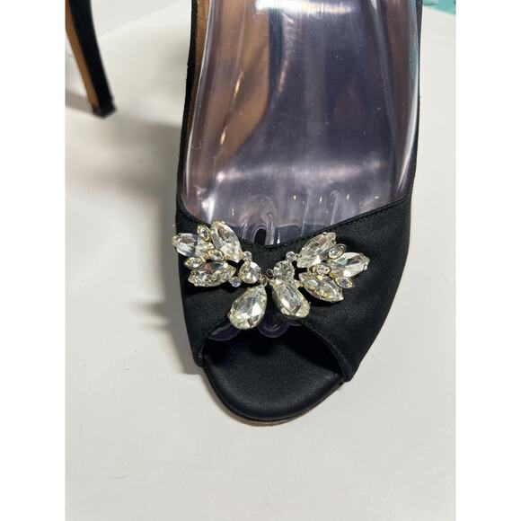 Badgley Mischka Black Satin Slingback 4.5" Heel Rhinestone Adorned Pump Shoe 8.5 - Picture 5 of 8